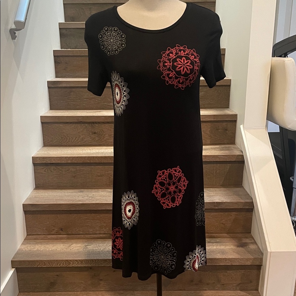 Desigual Black Midi Dress with Red and Gray Medallion Prints